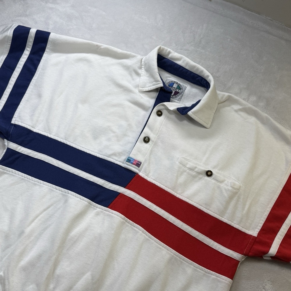 Vintage Jordache Sport Polo Shirt Snaps Mens L Red White Black Striped 80s 90s